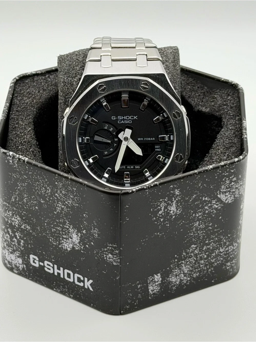 Casio G-Shock custom modded Silver Stainless Steel Watch with Black Dial